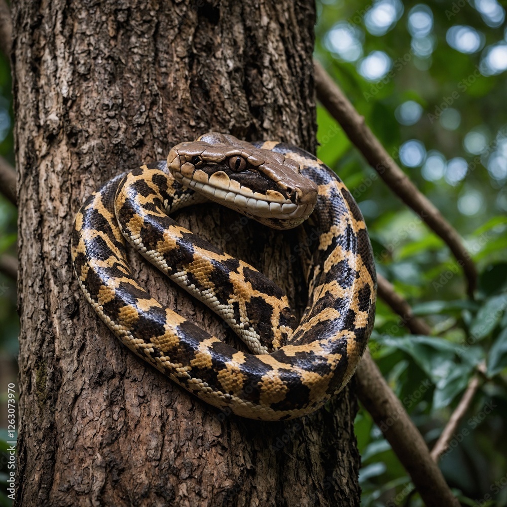 Fototapeta premium A boa constrictor coiled on a tree limb, its patterns highlighted by the serene backdrop. A python wrapping around a tree trunk with a white background.