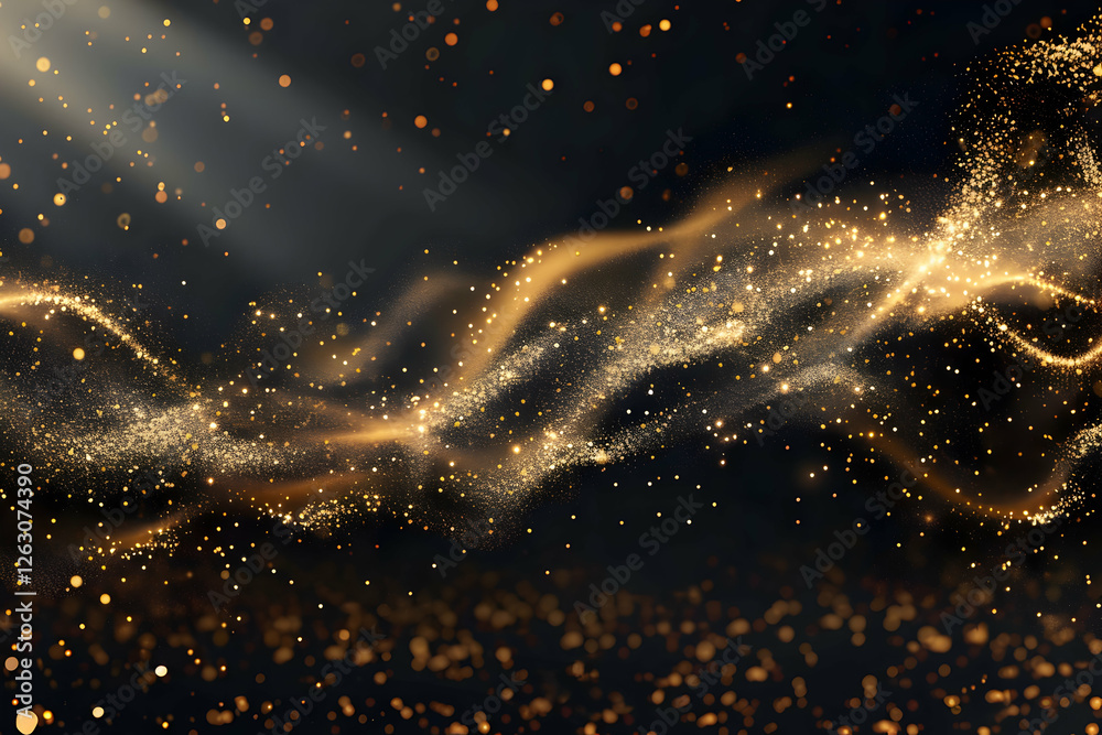 Obraz premium Glimmering golden particles swirling in dark background, creating an enchanting atmosphere
