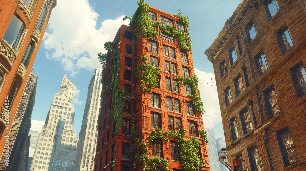 Obraz premium Ivy-covered building, city street, sunny day, skyscrapers background; urban nature scene