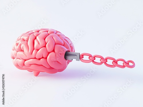 A stylized pink brain is attached to a chain, symbolizing the concept of mental constraints or the connection between thought and restriction. photo