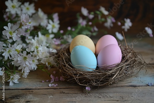 Easter Joy Hand-painted Easter eggs nestled in a woven basket alongside vibrant yellow daffodils symbolizing the arrival of spring and the festive spirit of the holiday photo