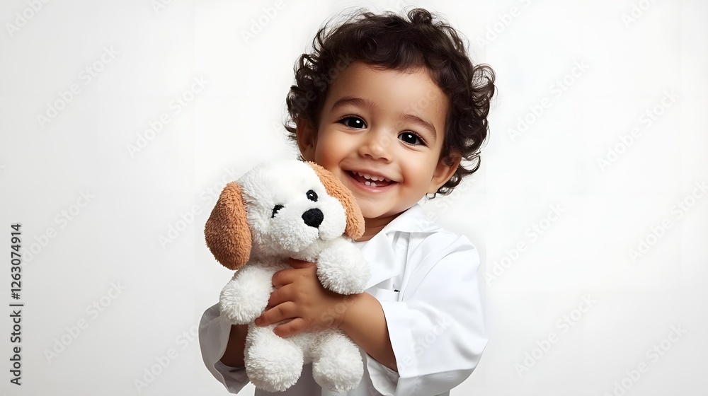 Happy child with curly hair in a white shirt holding a plush dog toy against a light background Happy child with curly hair in a white shirt holding a plush dog toy against a light background