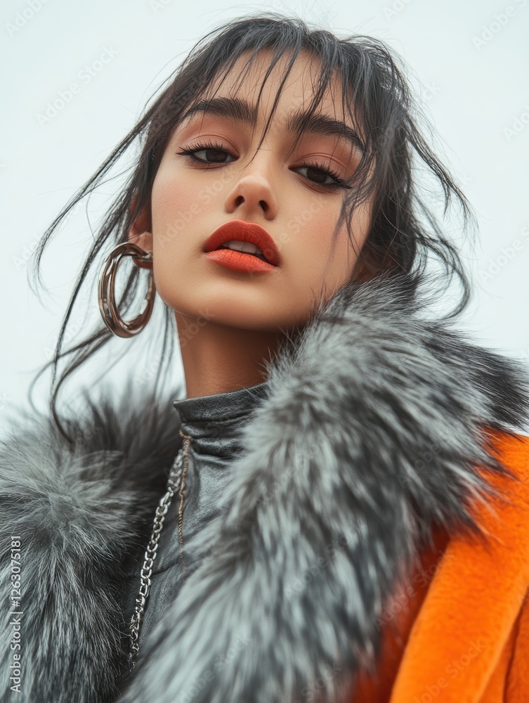 Fashion Portrait: A striking close-up of a model with bold red lips, silver jewelry, and a fur-trimmed jacket, perfect for marketing and editorial use. Fashion Portrait: A striking close-up of a model with bold red lips, silver jewelry, and a fur-trimmed jacket, perfect for marketing and editorial use.