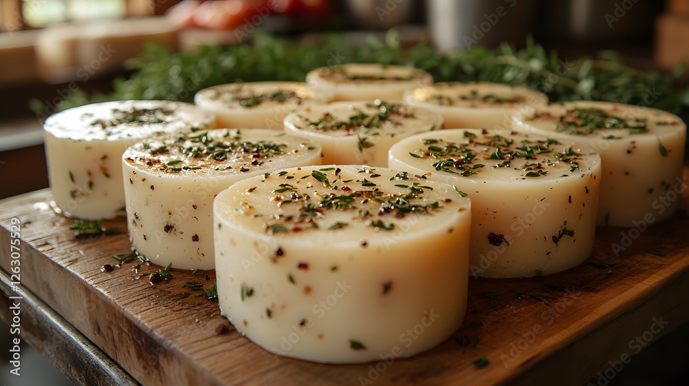 Homemade cheese wheels coated with herbs and spices, aging process, traditional method Homemade cheese wheels coated with herbs and spices, aging process, traditional method