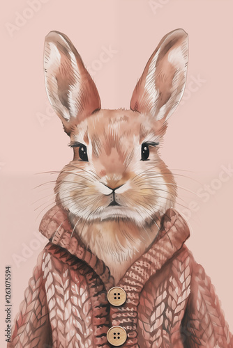 Portrait of a cute rabbit wearing knitted sweater. Good for nursery decorations, greeting cards. Ai generated