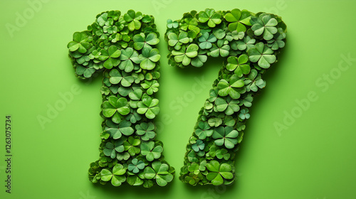 Lucky shamrock number 17 created entirely from lush green shamrocks,on green background, symbolizing luck and St. Patrick’s Day celebration concept. Horizontal, top view.