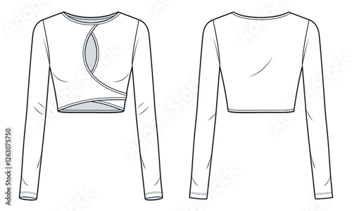 Women Long Sleeve Crop Top Technical Fashion Illustration. Asymmetrical Crop Top fashion flat technical drawing template, boat neck, cutout, slim fit, wrap, front, back view, white,  women CAD mockup.