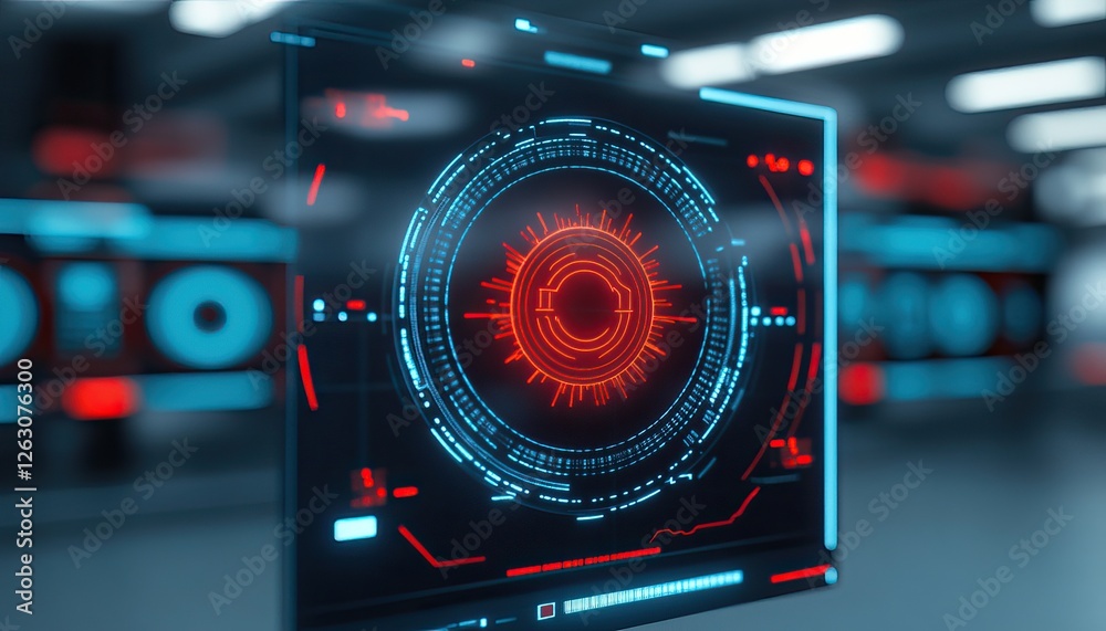 A futuristic digital interface featuring a glowing red and blue circular design, set against a modern tech background. A futuristic digital interface featuring a glowing red and blue circular design, set against a modern tech background.