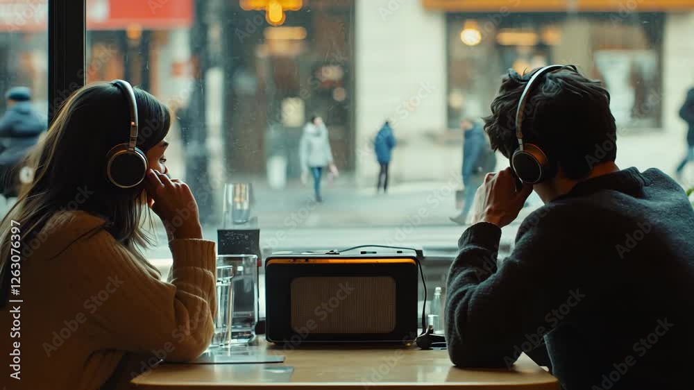 A young man and woman sit across from each other in a cozy café, both wearing headphones and sharing music from a vintage speaker. The rainy cityscape outside the window adds to the warm and intimate 