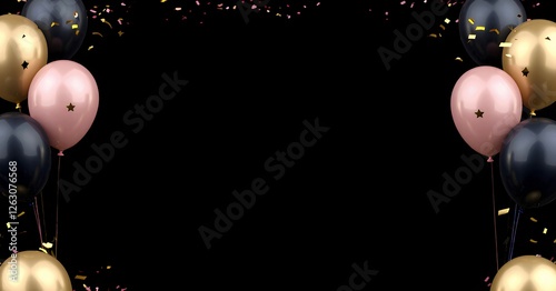 Festive celebration frame a collection of glossy black, gold, and pink balloons against a black background with scattered confetti.  For party invitations, event posters, or holiday promotions.