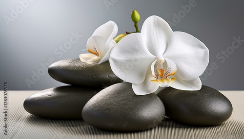 spa stones with white orchid flowers on gray