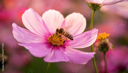 close up of a bee on pink cosmos flower