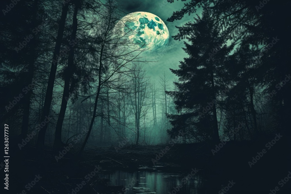 Fototapeta premium Dark forest at night with full moon reflection in lake, spooky Halloween atmosphere. Mystical landscape for Halloween, Friday 13th, All Saints Day, Walpurgis Night