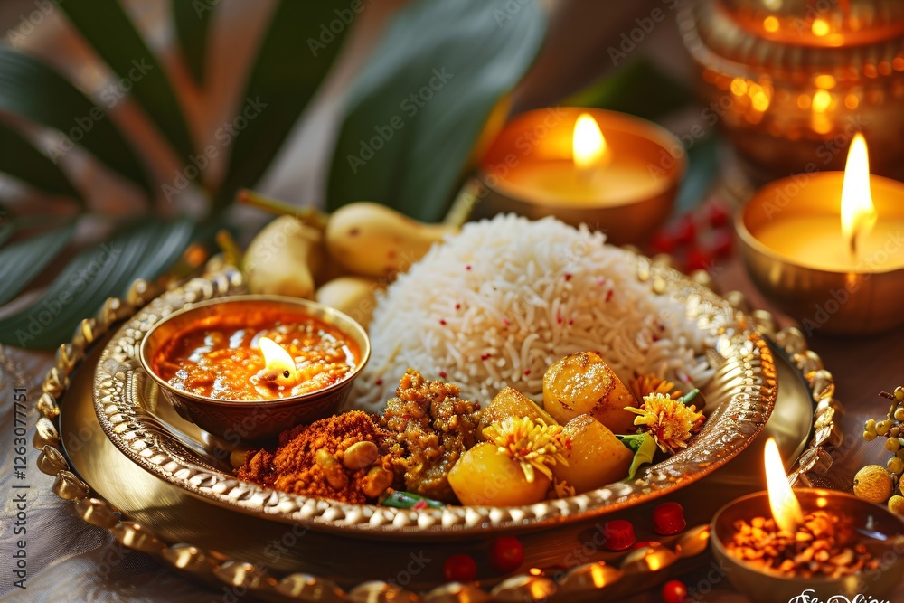 Obraz premium Traditional Indian prayer ritual elements with diyas, candles, flowers and offerings on gold plate. Diwali, Navratri decor with copy space, horizontal festive layout