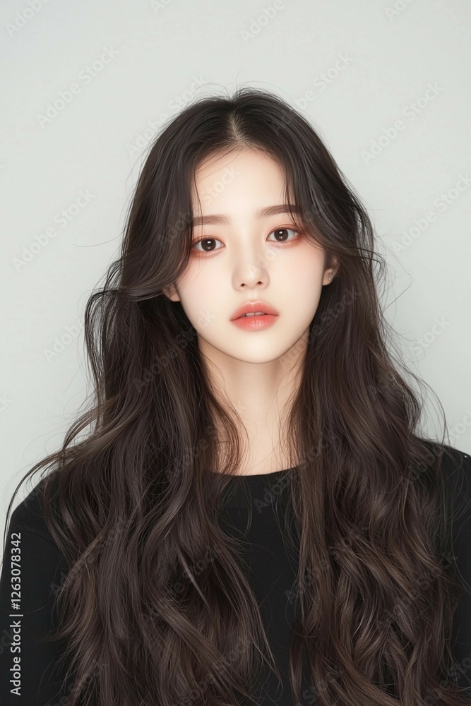 Portrait of a Young Woman with Glossy Lips and Long Flowing Hair Portrait of a Young Woman with Glossy Lips and Long Flowing Hair