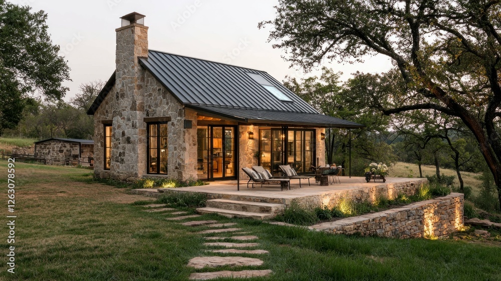Obraz premium Charming stone cottage with modern design and serene landscape