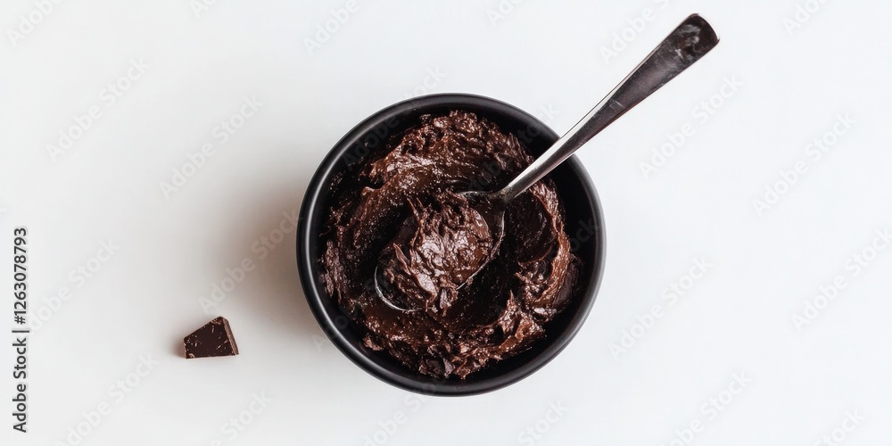 Fototapeta premium A glossy black bowl rests on a pristine white surface, cradling an indulgent mound of rich, dark chocolate that spills over one edge, beckoning with its decadent allure
