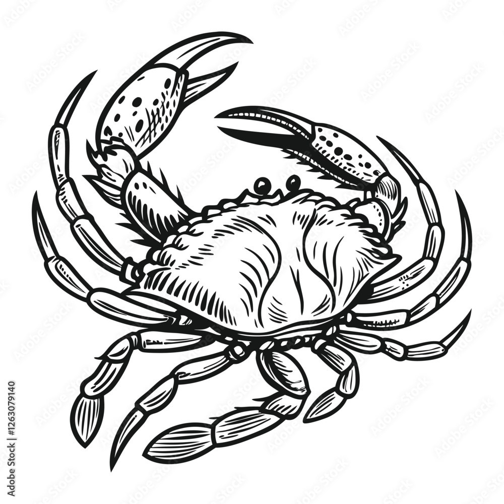 Fototapeta premium Vintage nautical crab illustration, black and white design, detailed line drawing, hand drawn style design isolated on a white background