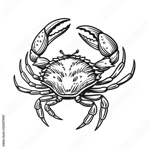 Vintage nautical crab illustration, black and white design, detailed line drawing, hand drawn style design isolated on a white background