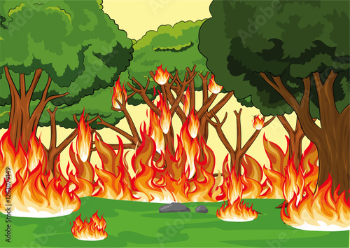 Forest wildfire disaster background with burning trees and grass. Danger fire in forest vector backdrop, ecology catastrophe or cataclysm background with bushfire, flaming trees