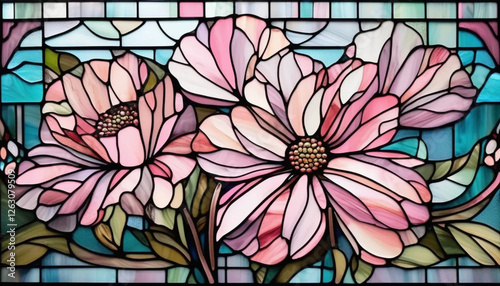 Pink stained glass flowers as a background. 