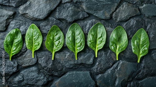 Fresh Spinach Leaves Arranged Neatly on a Dark Stone Background for a Healthy Touch. photo