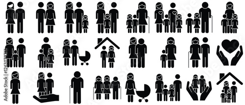 Family icon set. Containing parents, mother, father, children, baby, grandparents and household icons.  People icon set. Vector illustration. 