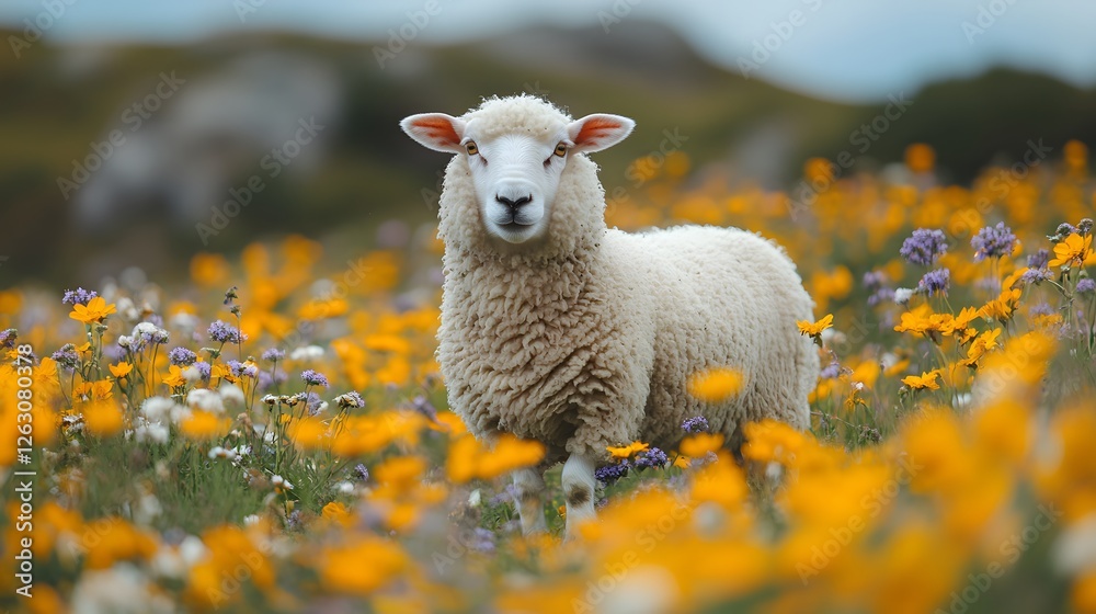 Sheep walking along a gentle slope covered in wildflowers, countryside beauty Sheep walking along a gentle slope covered in wildflowers, countryside beauty