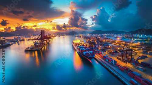 Container truck in ship port for business Logistics and transportation of Container Cargo ship and Cargo plane with working crane bridge in shipyard at sunrise, logistic import export and transport

 photo