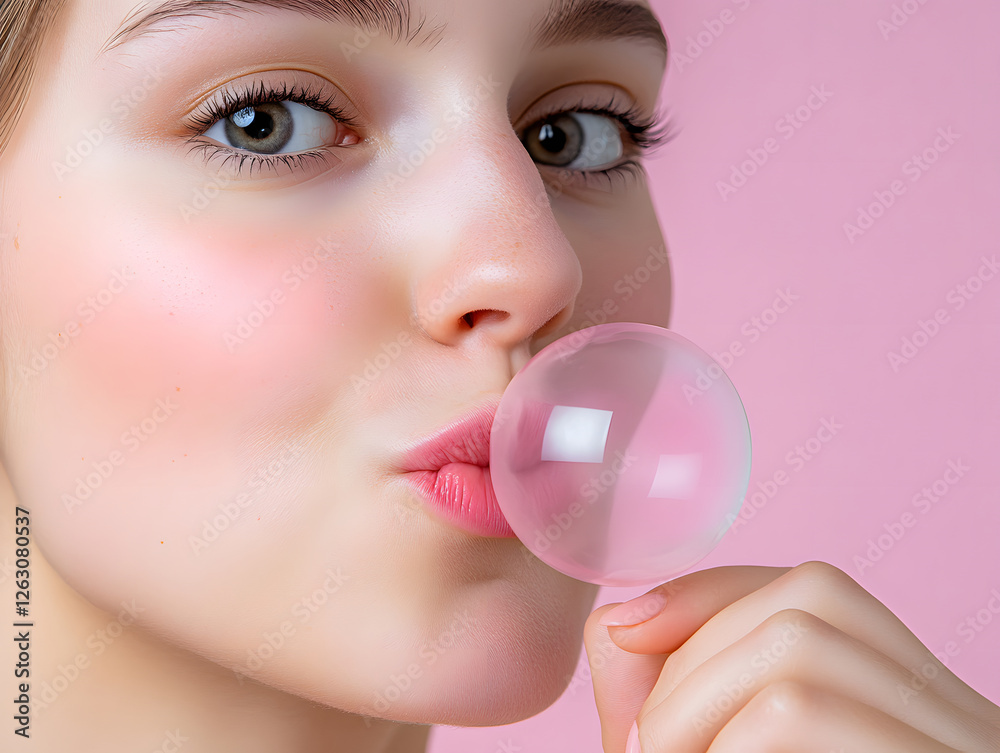 Model blowing bubble gum for national bubble week celebration Model blowing bubble gum for national bubble week celebration