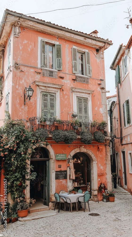 Obraz premium Peach building cafe, cobblestone street, Italian village, outdoor seating