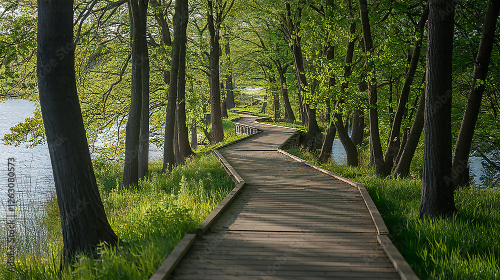 Rustic Wooden Pathway Weaving Through Trees Toward Water. Rustic Wooden Pathway Weaving Through Trees Toward Water.