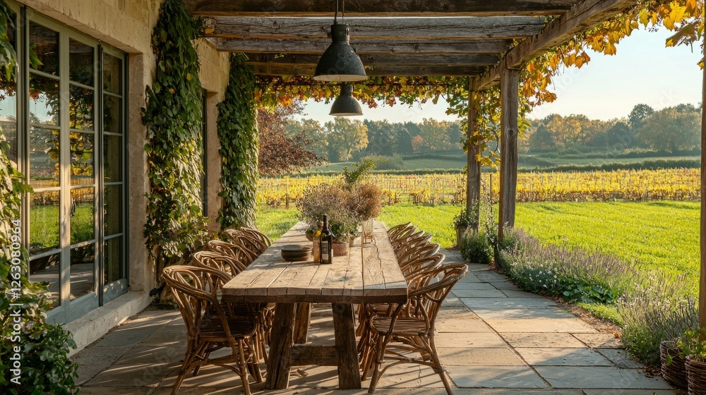Obraz premium Cozy Outdoor Dining Area Surrounded by Vibrant Nature and Vines
