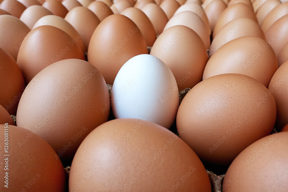 Unique white egg among brown eggs, symbolizing individuality, uniqueness, and diversity. Ideal for concepts like leadership, standing out, and thinking outside the box Unique white egg among brown eggs, symbolizing individuality, uniqueness, and diversity. Ideal for concepts like leadership, standing out, and thinking outside the box