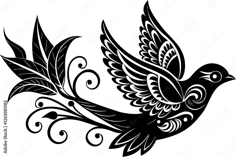 Obraz premium Ornate Flying Bird Silhouette with Intricate Swirling Patterns in Folk Art Style