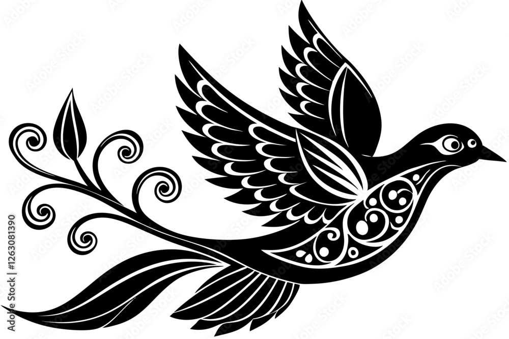 Obraz premium Ornate Flying Bird Silhouette with Intricate Swirling Patterns in Folk Art Style