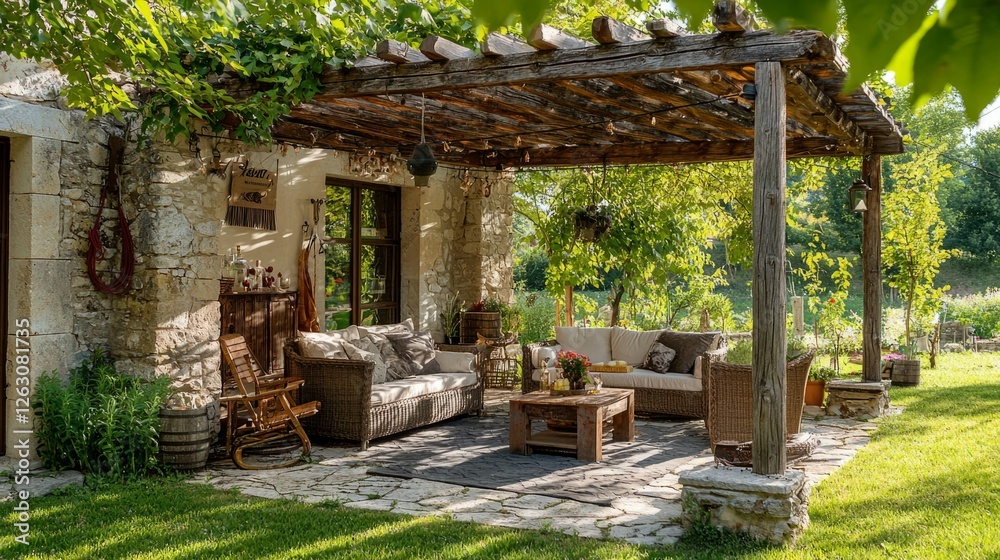 Cozy Outdoor Living Space with Rustic Furniture and Greenery Cozy Outdoor Living Space with Rustic Furniture and Greenery