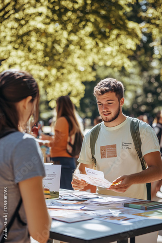 Mental health awareness campaign booth at a college campus, with volunteers handing out informational brochures and talking to students.