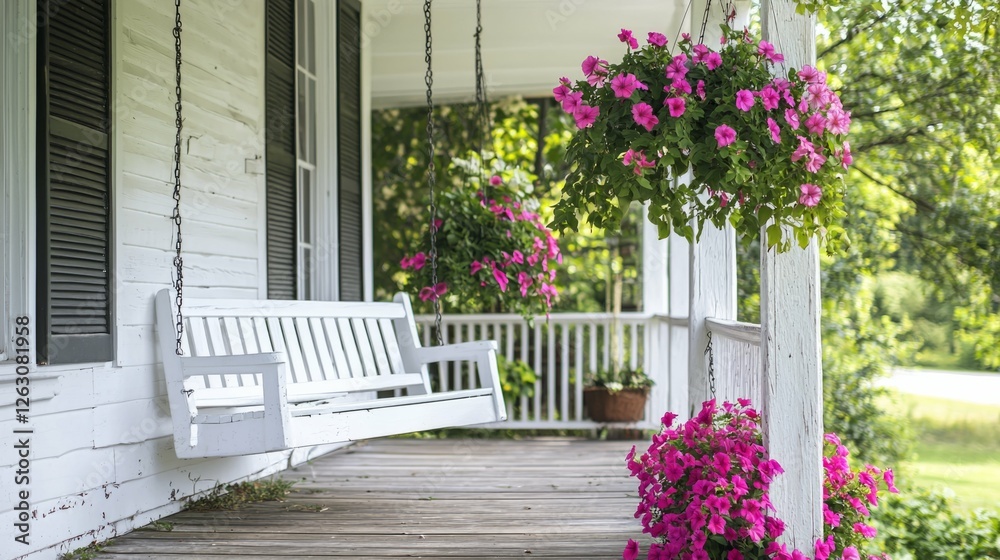 Fototapeta premium Charming Rustic Porch with Vibrant Pink Flowers and Swinging Bench