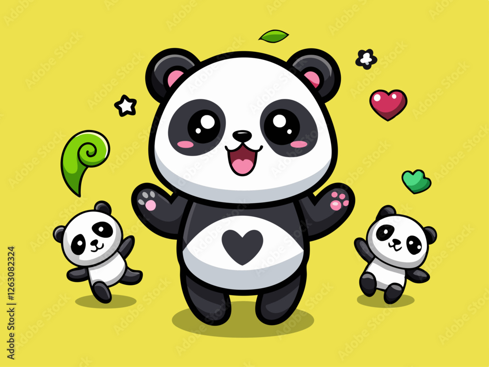 Obraz premium Cute Cartoon Panda Characters Parent and Child with Waving Paw in Kawaii Style