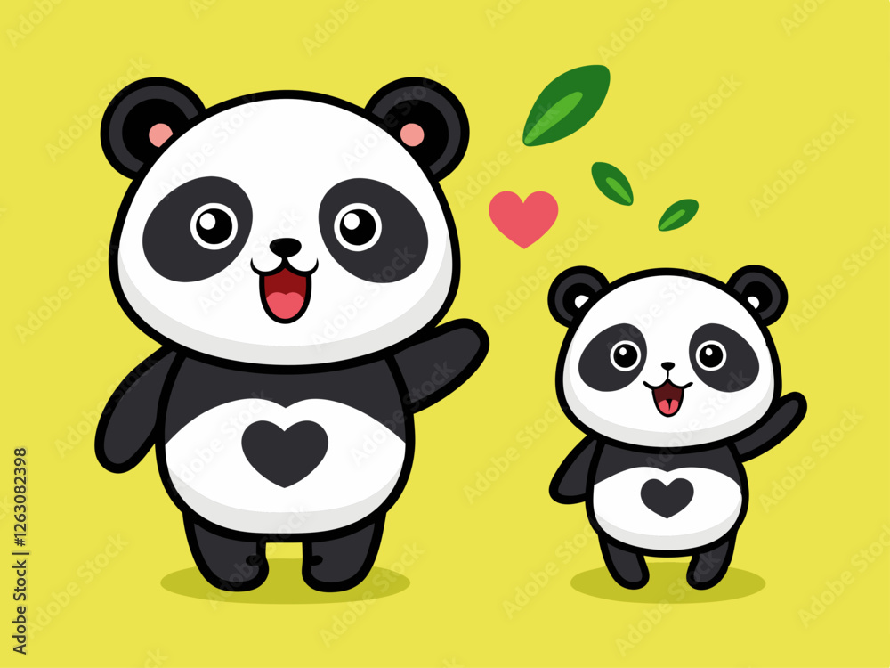 Obraz premium Cute Cartoon Panda Characters Parent and Child with Waving Paw in Kawaii Style