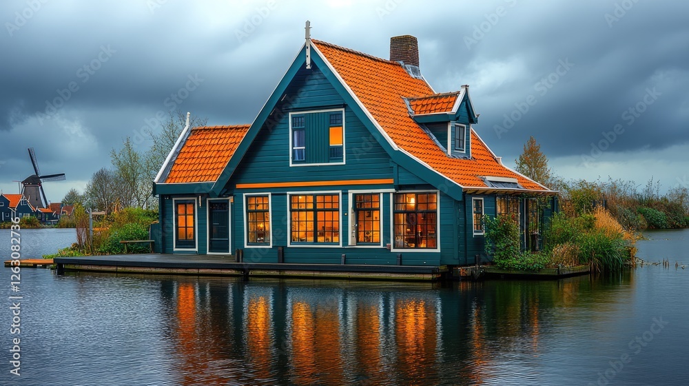 Fototapeta premium Charming Dutch Canal House With Orange Roof