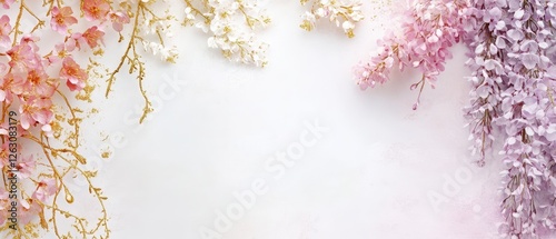 Collagestyle sakura and wisteria vines intertwined with goldaccented washi, light and airy pastel tones photo