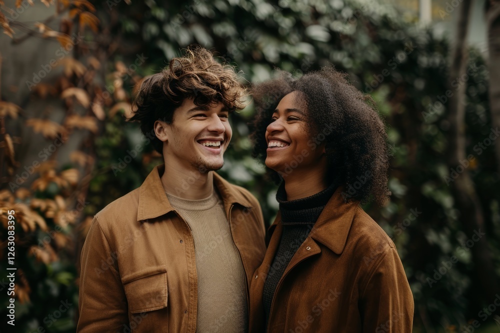 Fototapeta premium Portrait of a smiling multiethnic couple in their 30s walking together
