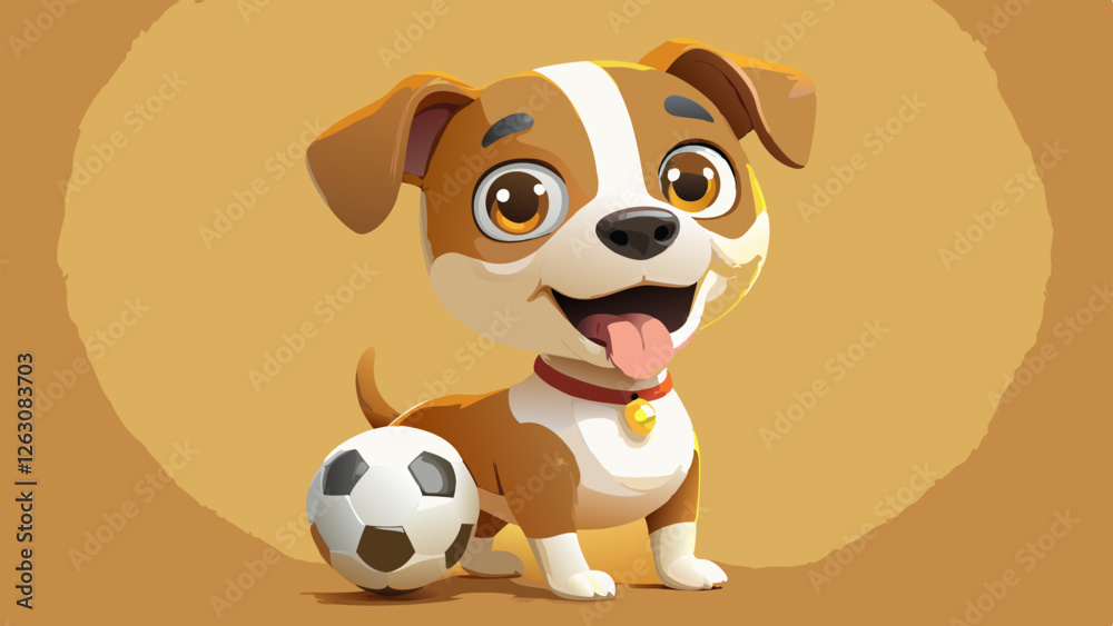 Naklejka premium Cute Cartoon Puppy with Soccer Ball, Big Eyes, and Playful Pose in 3D Render Style