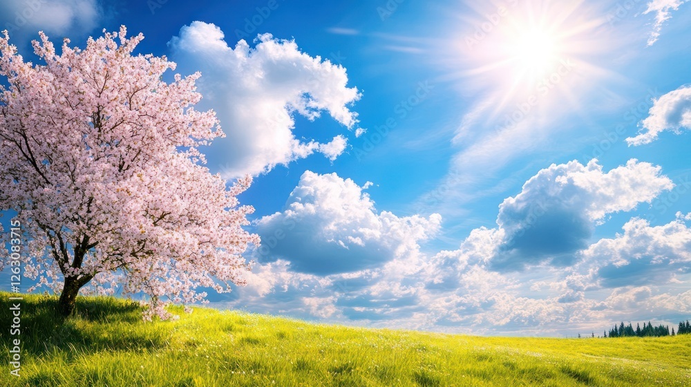 Spring blossom tree sunny field landscape Spring blossom tree sunny field landscape