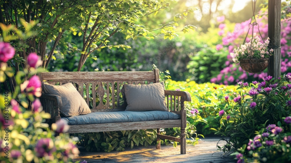 Tranquil Garden Scene with Flowers and Cozy Wooden Bench Tranquil Garden Scene with Flowers and Cozy Wooden Bench