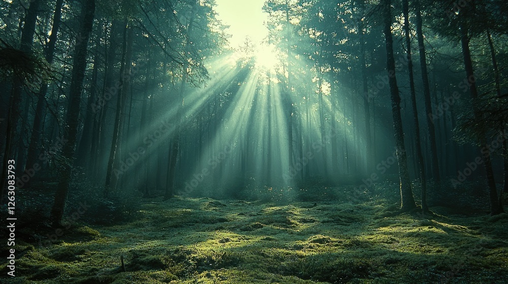 Naklejka premium Sunbeams Illuminate a Mossy Forest Floor