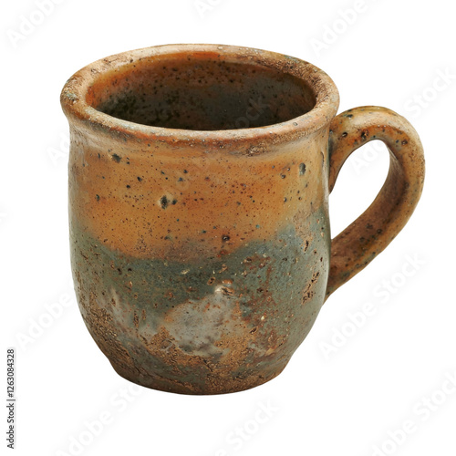 rustic ceramic mug with earthy tones and textured surface, perfect for hot beverages. Ideal for cozy settings and handmade pottery lovers