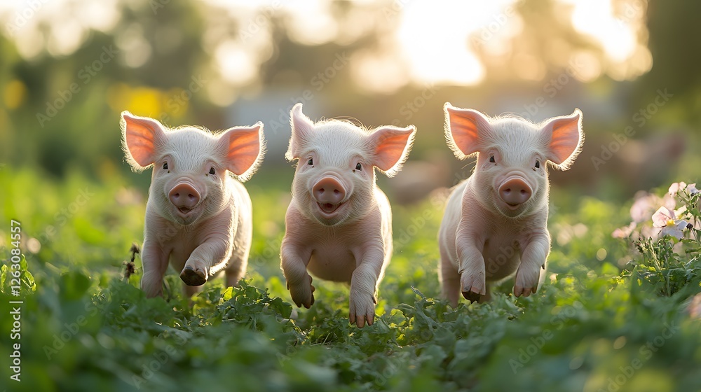 Playful piglets chasing each other in a bright farm setting Playful piglets chasing each other in a bright farm setting
